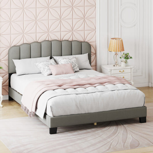 Queen Size Bed Frame with Adjustable Scalloped Tufted Headboard-Queen Size - Color: Gray - Size: Queen Size