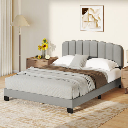 Queen Size Bed Frame with Adjustable Scalloped Tufted Headboard-Queen Size - Color: Gray - Size: Queen Size