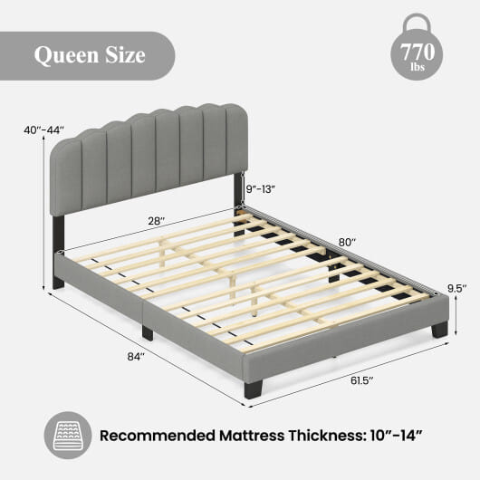 Queen Size Bed Frame with Adjustable Scalloped Tufted Headboard-Queen Size - Color: Gray - Size: Queen Size