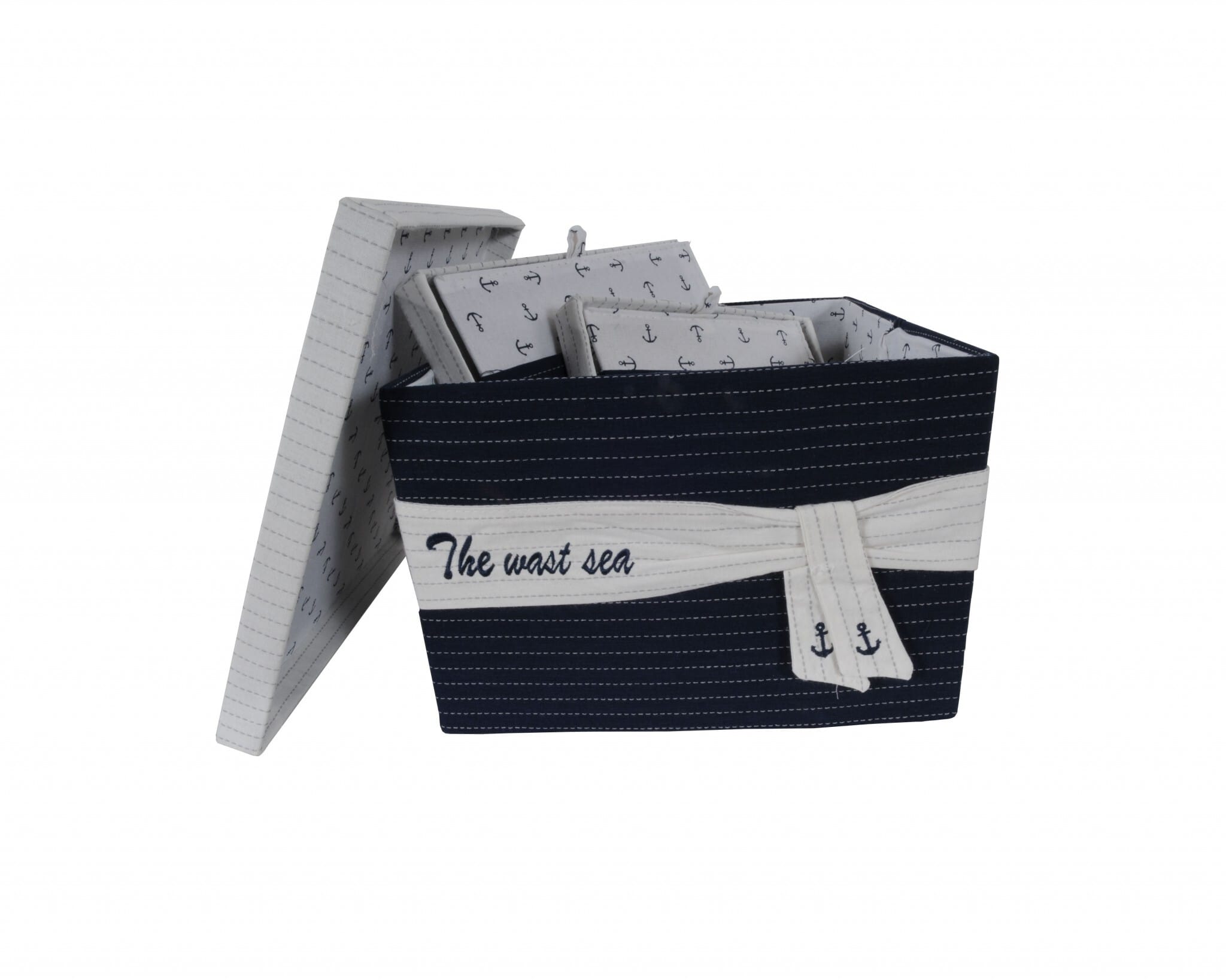 11.5" X 12" X 8.5" White Blue Fabric Boxes With Cover Set Of 3