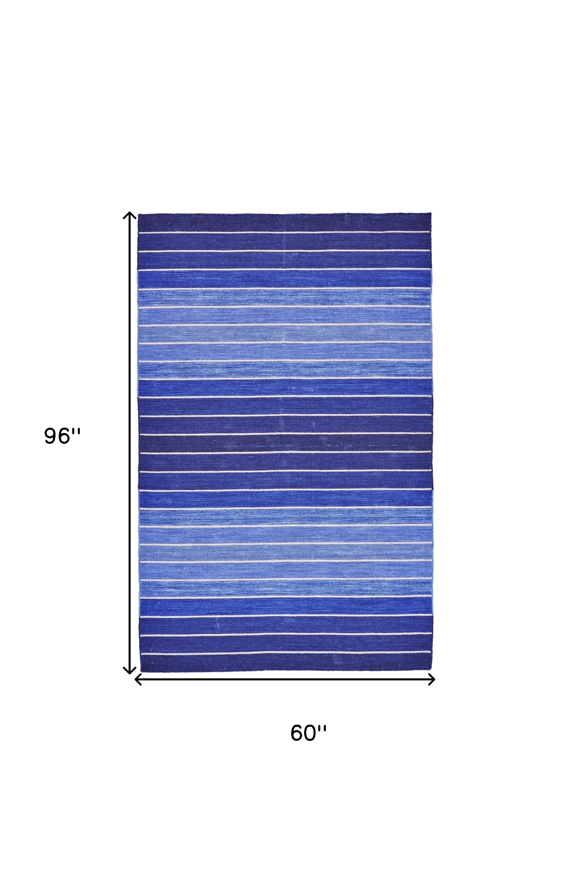 5' X 8' Blue Wool Striped Hand Woven Area Rug