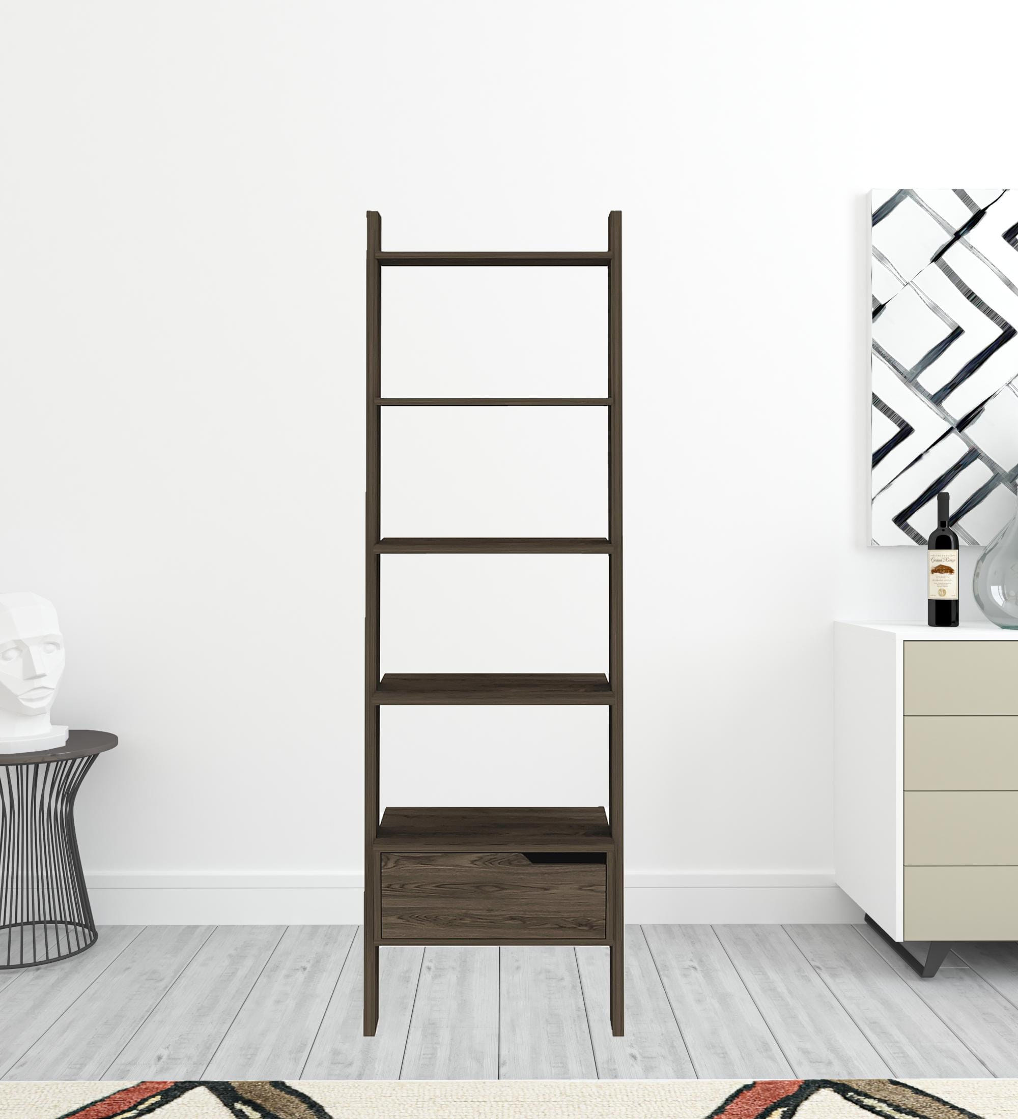 70" Brown Five Tier Ladder Bookcase with A Drawer