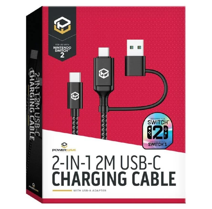 PowerWave 2-in-1 2m USB-C Charging Cable with USB-A Adapter for Nintendo Switch 2