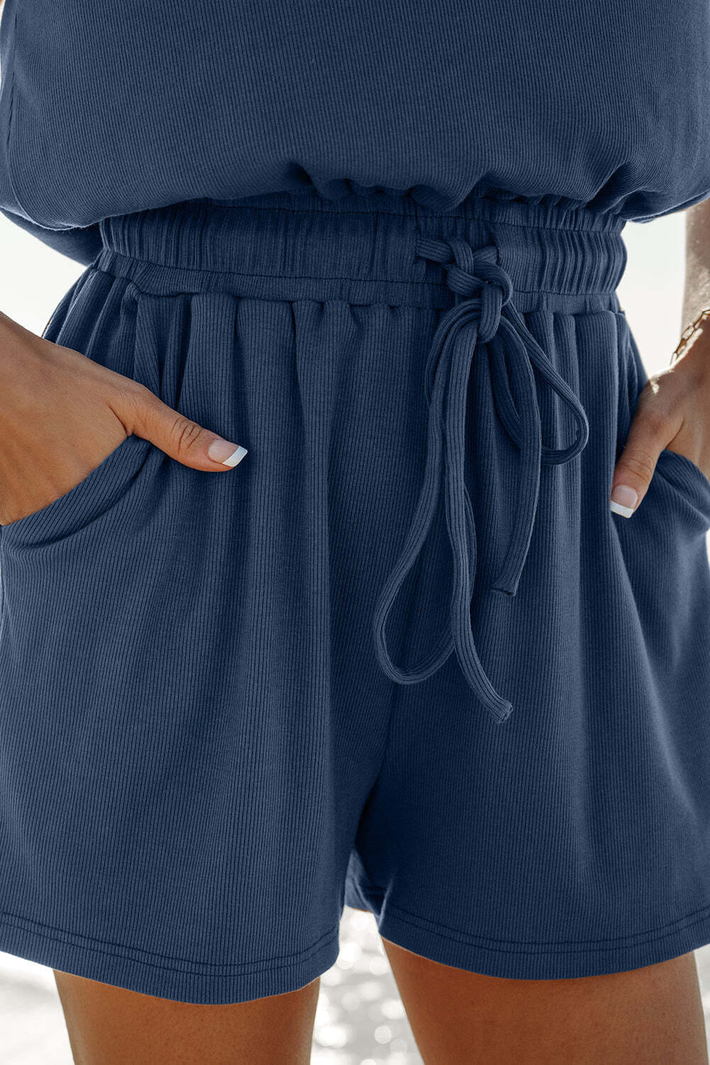 Ashleigh Blue Knit Open Back Cap Sleeve Drawstring Romper