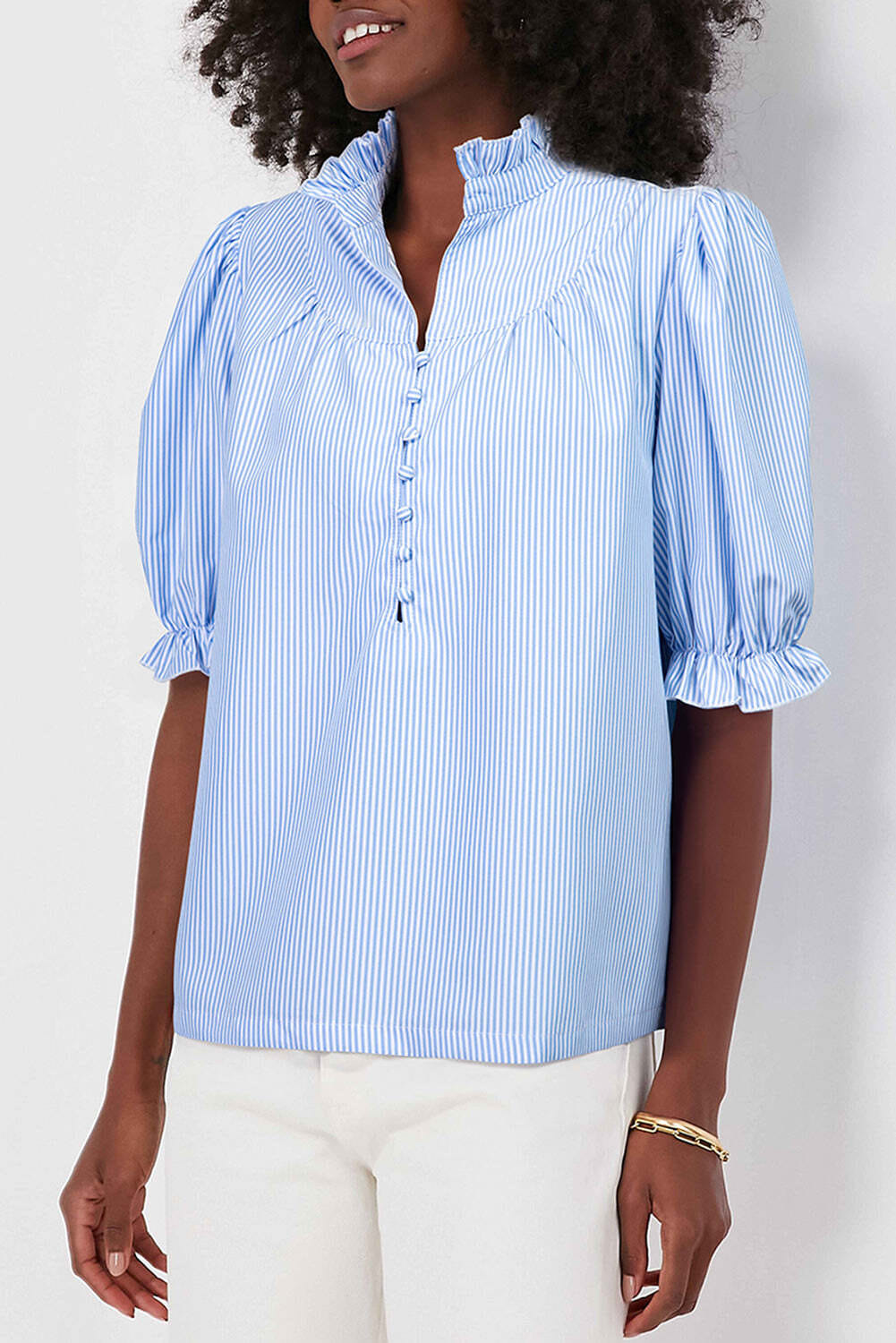 Sky Blue Stripe Ruffled Collar Puff Sleeve Half Buttons Blouse
