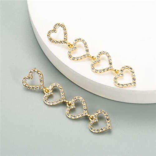 Rhinestone Dangling Hearts Design Korean Fashion Women Earrings - Golden