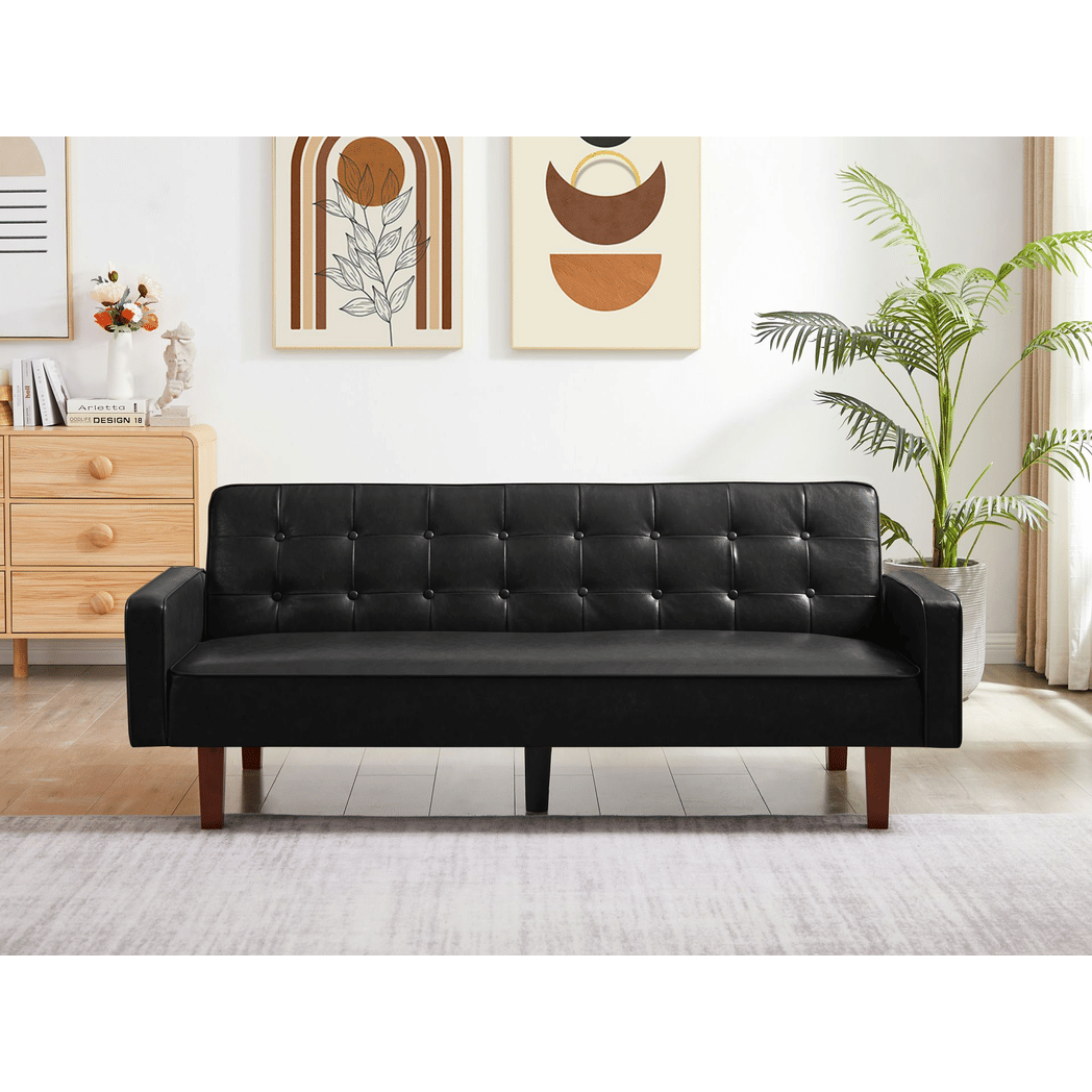 Black Convertible Double Folding Living Room Sofa Bed, PU Leather, Tufted Buttons,Removable Wooden Feet