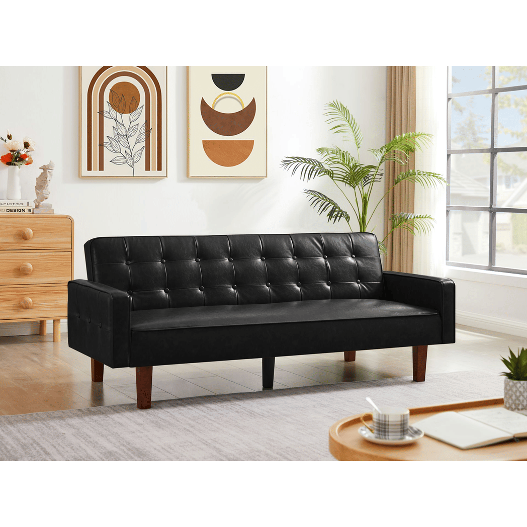 Black Convertible Double Folding Living Room Sofa Bed, PU Leather, Tufted Buttons,Removable Wooden Feet