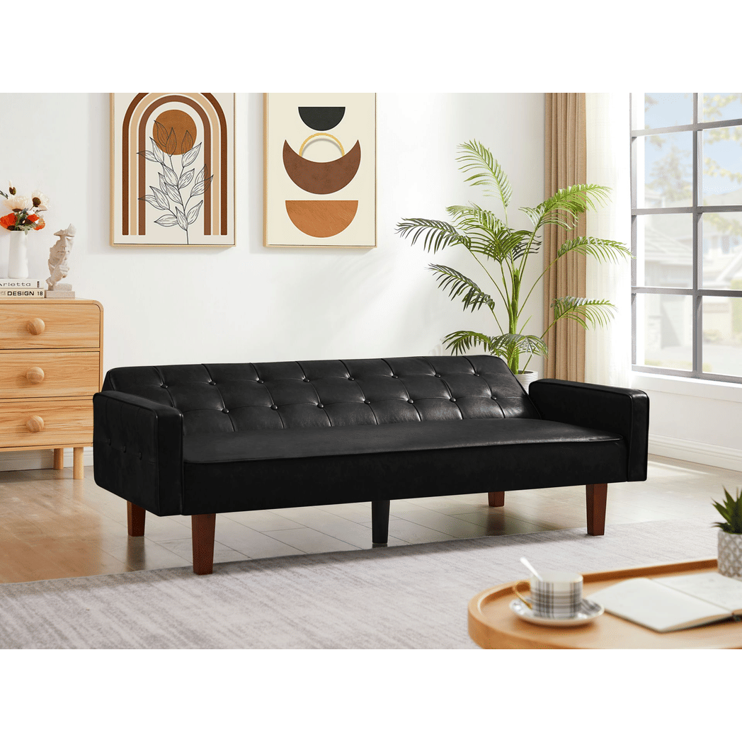 Black Convertible Double Folding Living Room Sofa Bed, PU Leather, Tufted Buttons,Removable Wooden Feet
