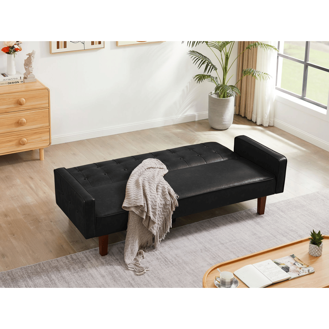 Black Convertible Double Folding Living Room Sofa Bed, PU Leather, Tufted Buttons,Removable Wooden Feet