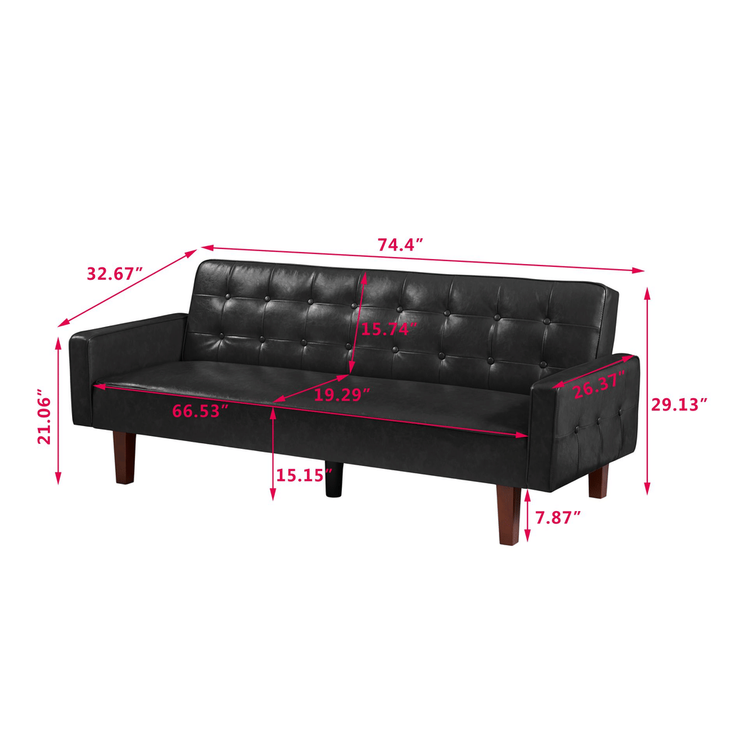 Black Convertible Double Folding Living Room Sofa Bed, PU Leather, Tufted Buttons,Removable Wooden Feet