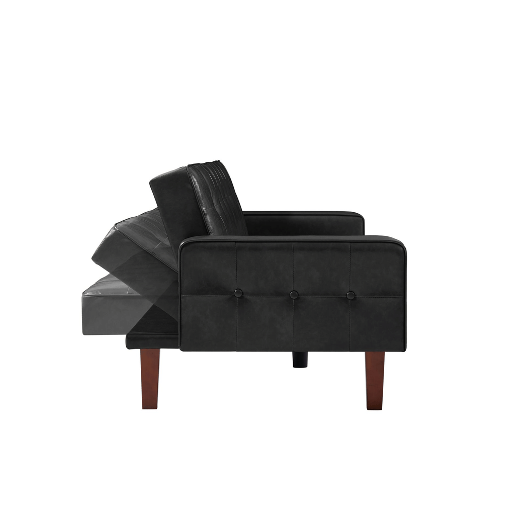 Black Convertible Double Folding Living Room Sofa Bed, PU Leather, Tufted Buttons,Removable Wooden Feet