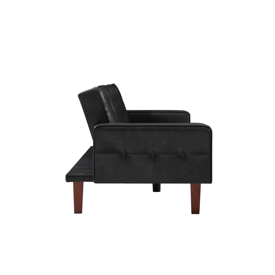 Black Convertible Double Folding Living Room Sofa Bed, PU Leather, Tufted Buttons,Removable Wooden Feet