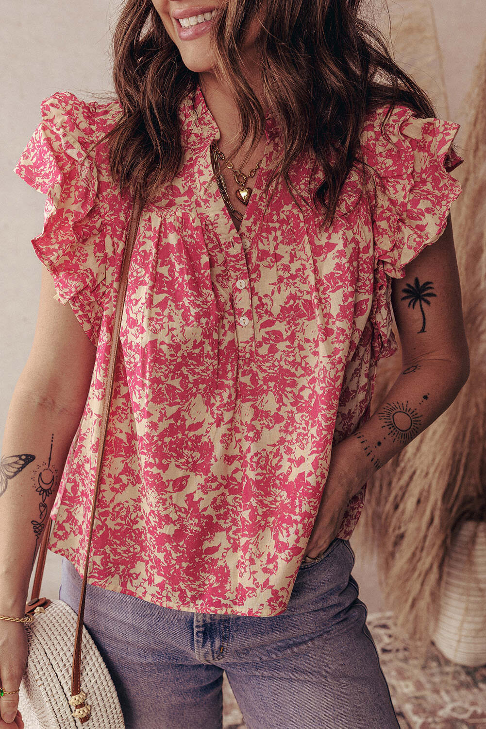 Rose Allover Printed Half Button Neck Ruffle Sleeve Blouse