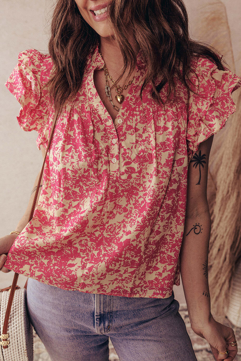 Rose Allover Printed Half Button Neck Ruffle Sleeve Blouse