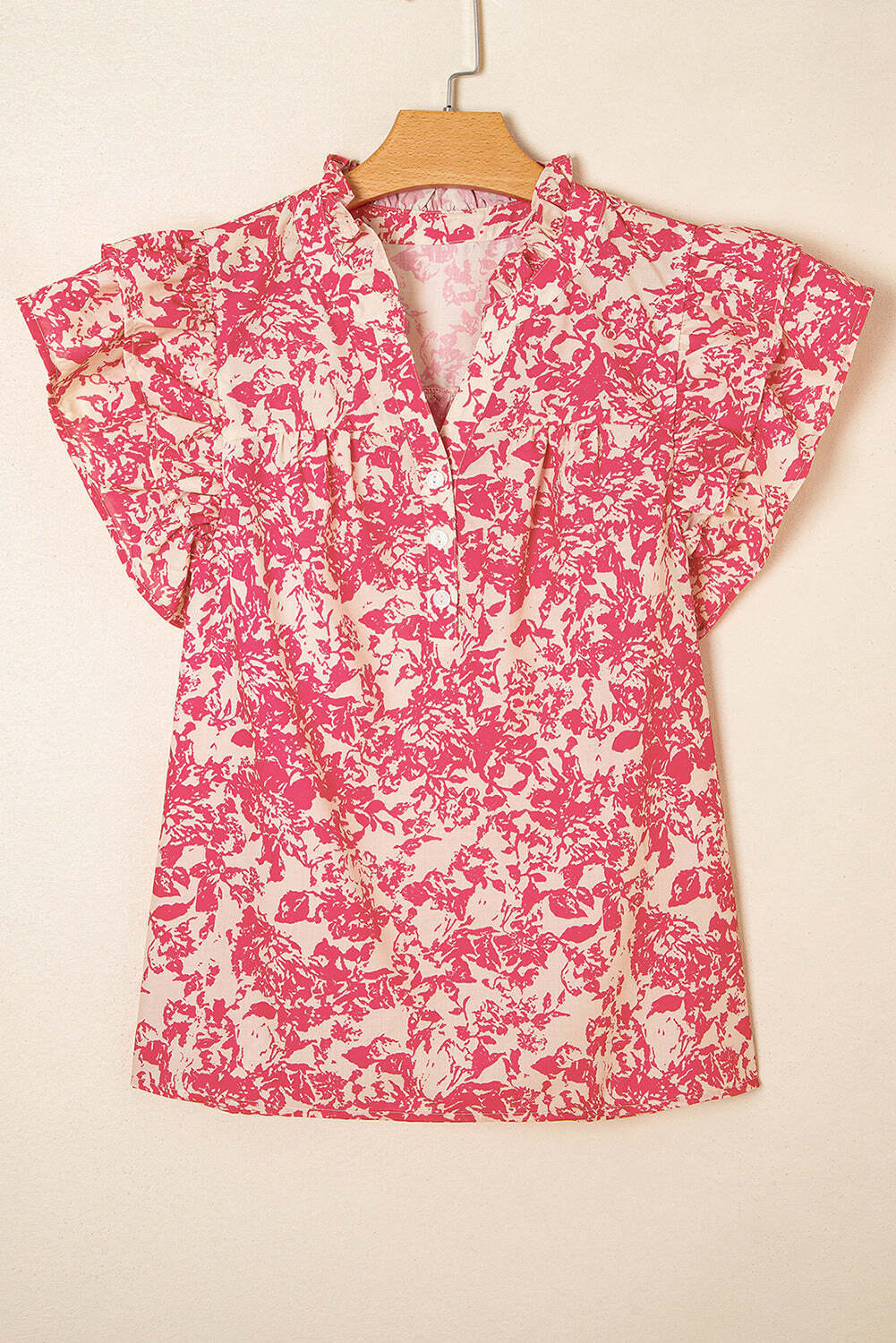 Rose Allover Printed Half Button Neck Ruffle Sleeve Blouse