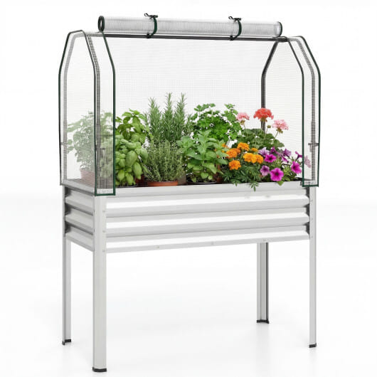 Galvanized Raised Garden Bed with Legs and Greenhouse Cover for Vegetable Flower-Silver - Color: Silver
