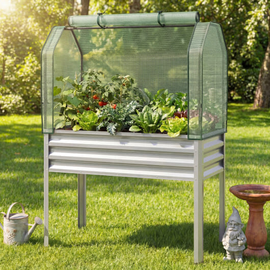 Galvanized Raised Garden Bed with Legs and Greenhouse Cover for Vegetable Flower-Silver - Color: Silver
