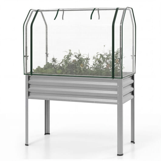 Galvanized Raised Garden Bed with Legs and Greenhouse Cover for Vegetable Flower-Silver - Color: Silver