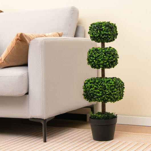 35 Inch Artificial Boxwood Topiary Ball Tree with Cement-filled Pot-Green - Color: Green