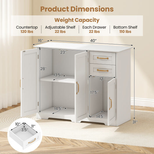 40 Inch Modern Kitchen Sideboard Buffet Cabinet with 2 Drawers and Adjustable Shelf-White - Color: White