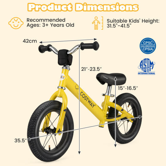 12 Inch Toddler Balance Bike with Height Adjustable Handlebar and Seat-Yellow - Color: Yellow