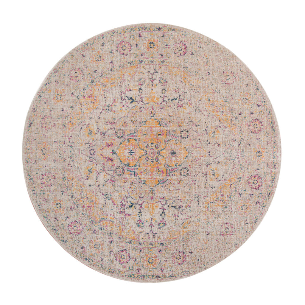 6' Ivory Navy and Yellow Oriental Power Loom Worn Faded Round Rug
