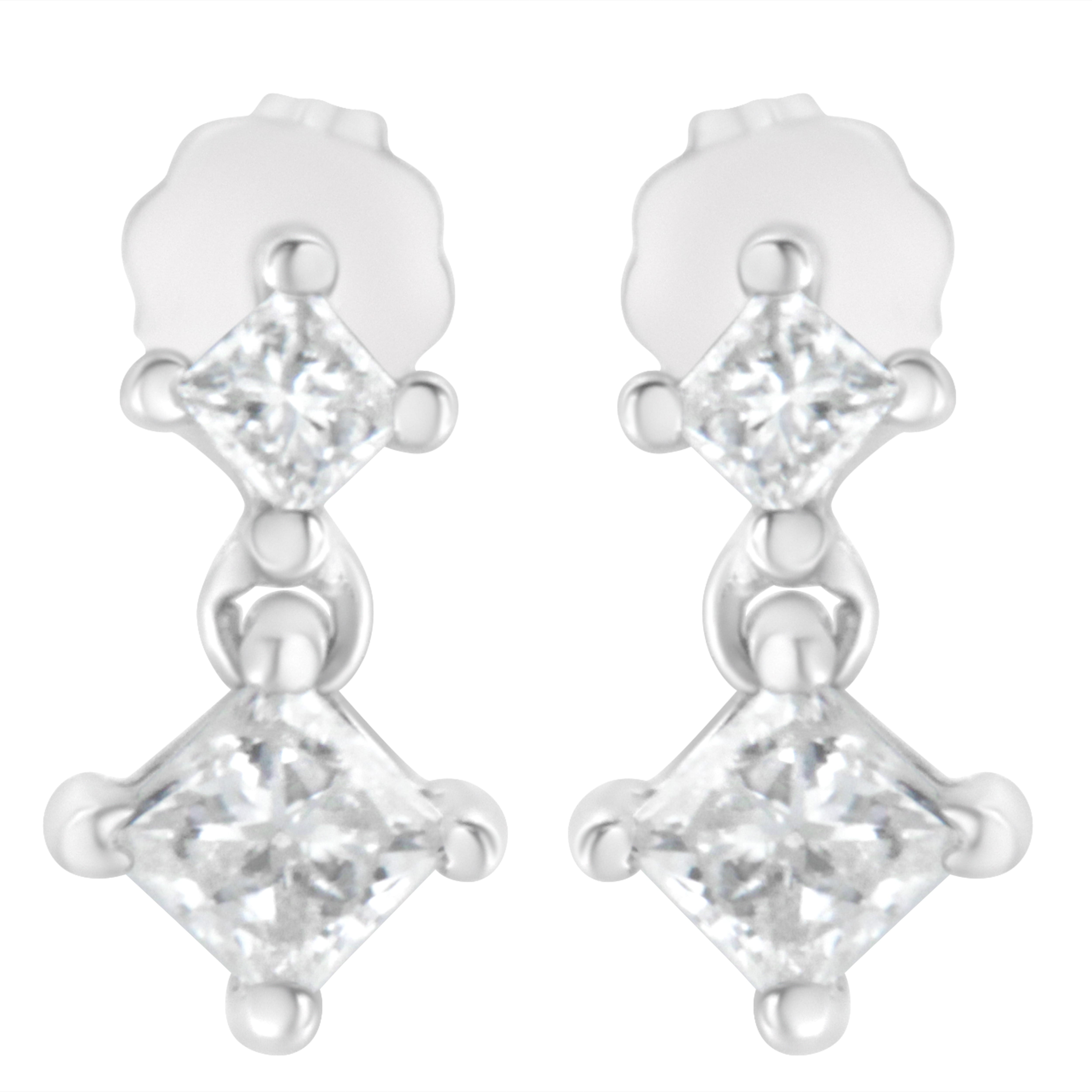14K White Gold 3/4 cttw Double Diamond Princess-Cut Stud Earrings (I-J Clarity, I2-I3 Color)