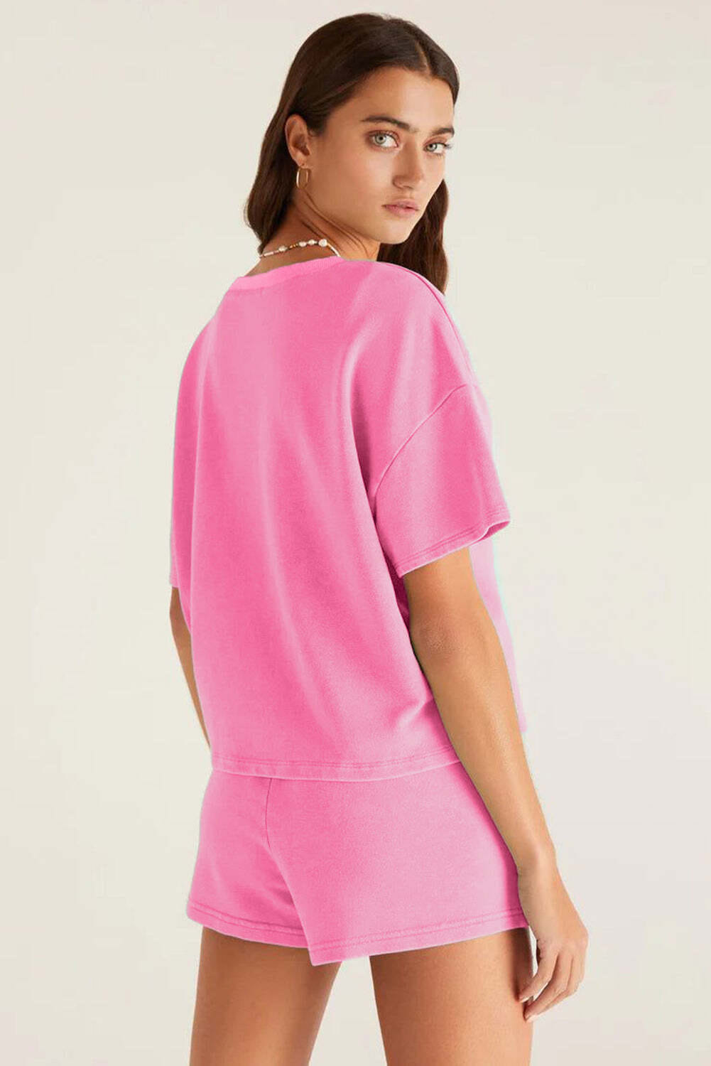 Bonbon V Neck Drop Shoulder Tee and Patchwork Drawstring Shorts Set