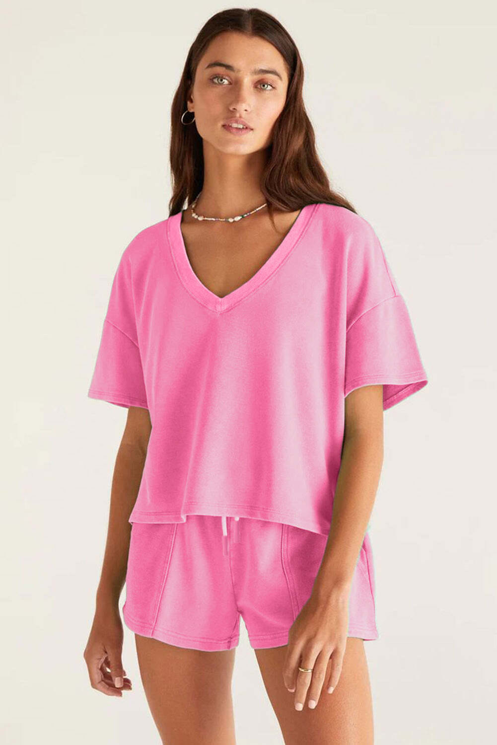 Bonbon V Neck Drop Shoulder Tee and Patchwork Drawstring Shorts Set