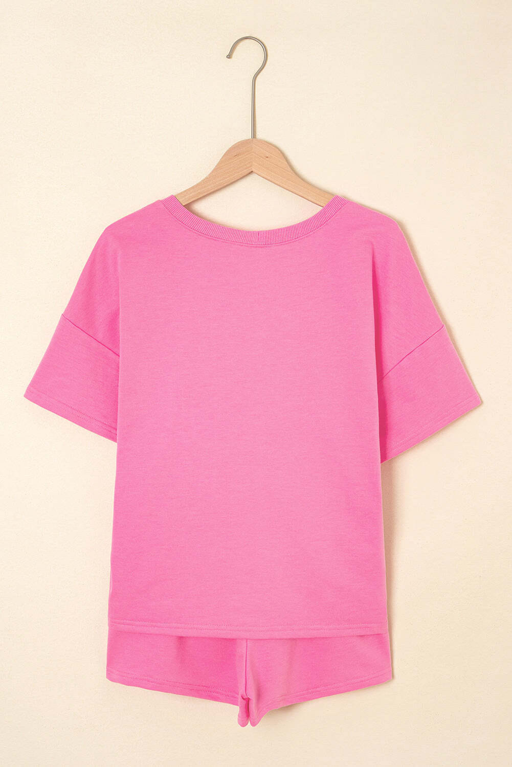 Bonbon V Neck Drop Shoulder Tee and Patchwork Drawstring Shorts Set