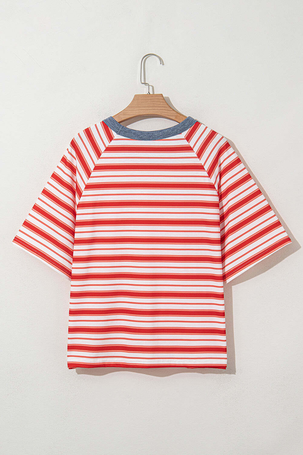 Tomato Red Stripe Print Contrast Collar Raglan Sleeve T Shirt