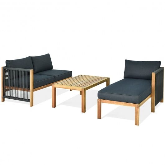 3 Piece Patio Acacia Sofa Set with Nylon Armrest - Color: Gray