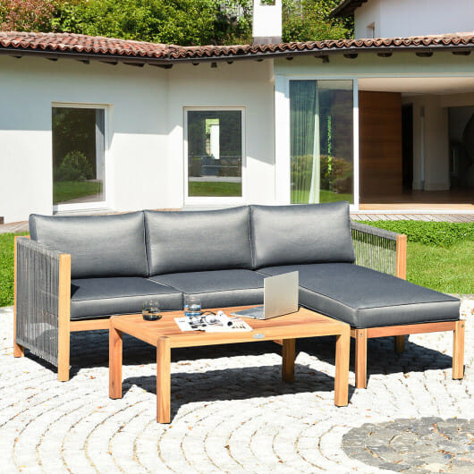 3 Piece Patio Acacia Sofa Set with Nylon Armrest - Color: Gray