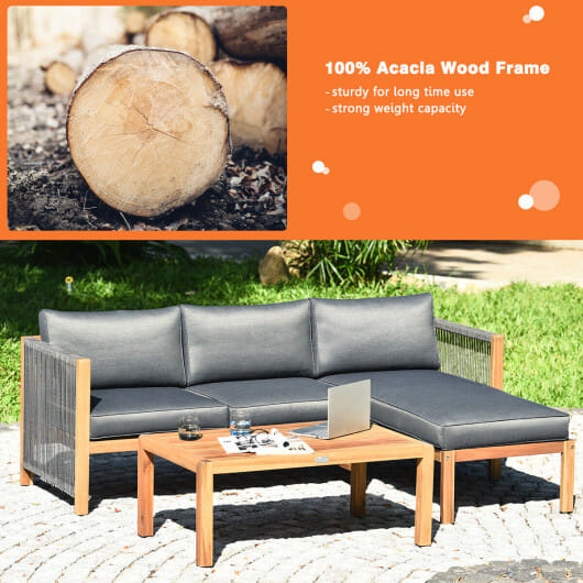3 Piece Patio Acacia Sofa Set with Nylon Armrest - Color: Gray