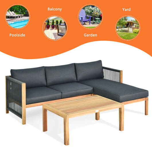 3 Piece Patio Acacia Sofa Set with Nylon Armrest - Color: Gray