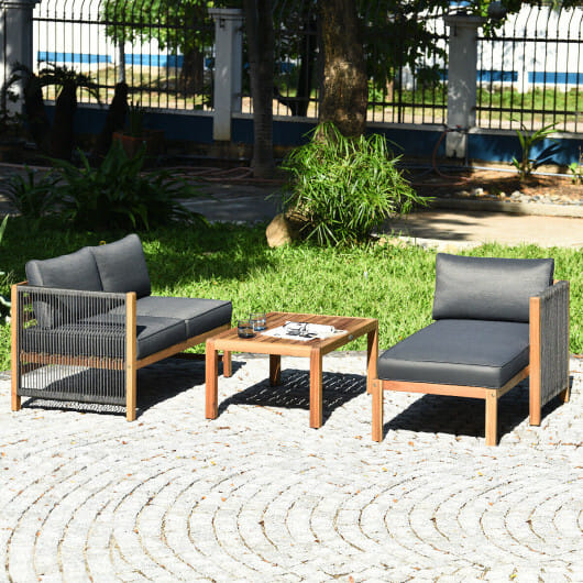3 Piece Patio Acacia Sofa Set with Nylon Armrest - Color: Gray