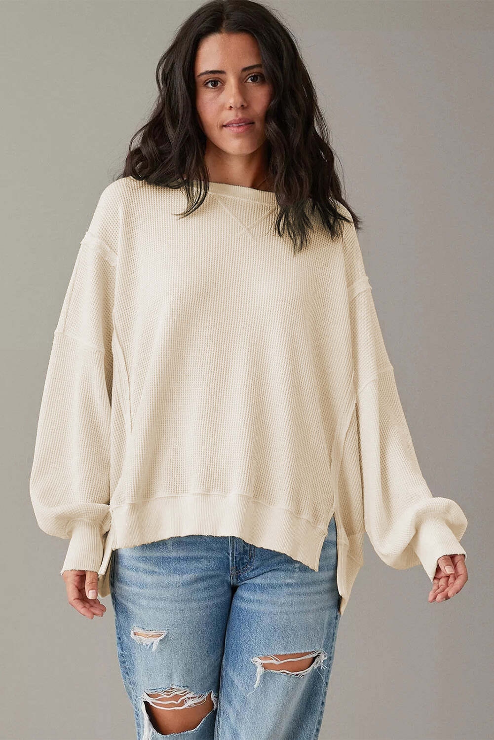 White Waffle knit Bishop Sleeve Split Oversized Top