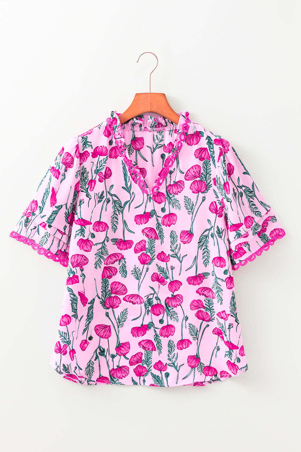 Pink Floral Lace Detail Frilled V Neck Summer Blouse