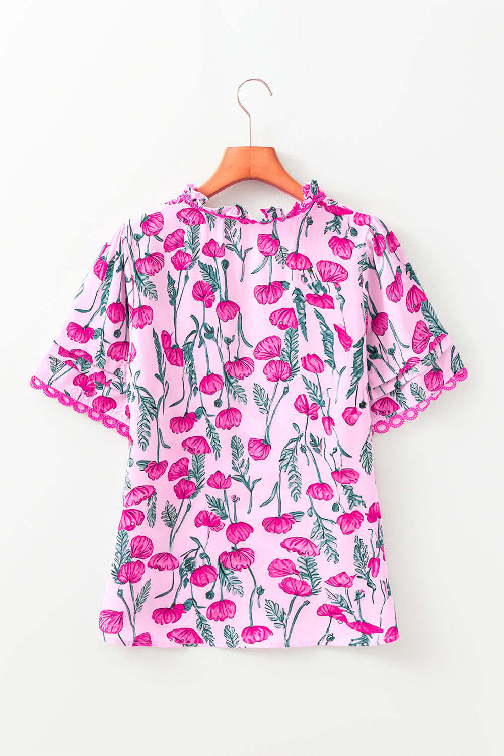 Pink Floral Lace Detail Frilled V Neck Summer Blouse