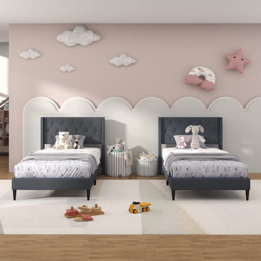 Twin Size Upholstered Platform Bed with Button Tufted Wingback Headboard-Gray - Color: Gray - Size: Twin Size