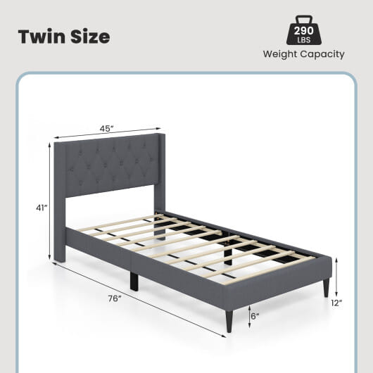 Twin Size Upholstered Platform Bed with Button Tufted Wingback Headboard-Gray - Color: Gray - Size: Twin Size