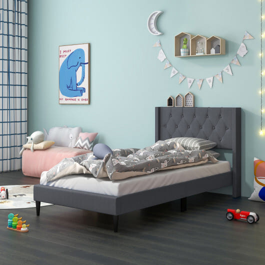 Twin Size Upholstered Platform Bed with Button Tufted Wingback Headboard-Gray - Color: Gray - Size: Twin Size