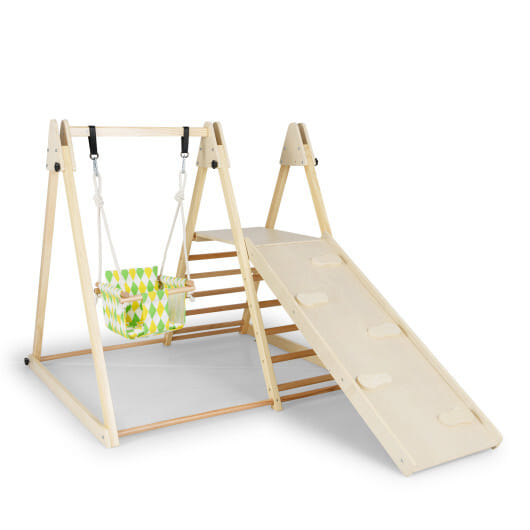 4-in-1 Indoor Jungle Gym with Baby Swing and Climbing Ramp-Natural - Color: Natural