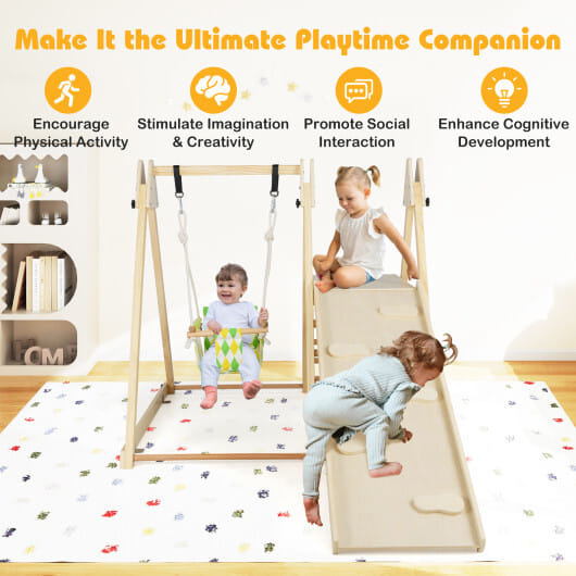 4-in-1 Indoor Jungle Gym with Baby Swing and Climbing Ramp-Natural - Color: Natural