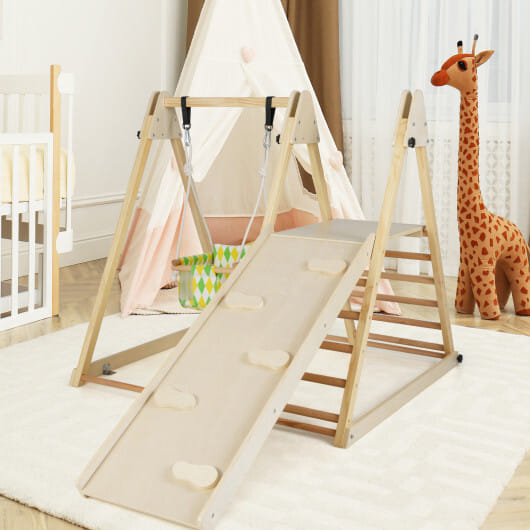 4-in-1 Indoor Jungle Gym with Baby Swing and Climbing Ramp-Natural - Color: Natural