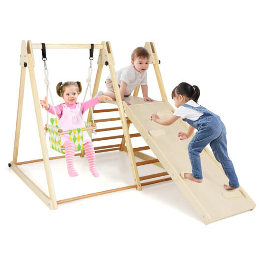 4-in-1 Indoor Jungle Gym with Baby Swing and Climbing Ramp-Natural - Color: Natural