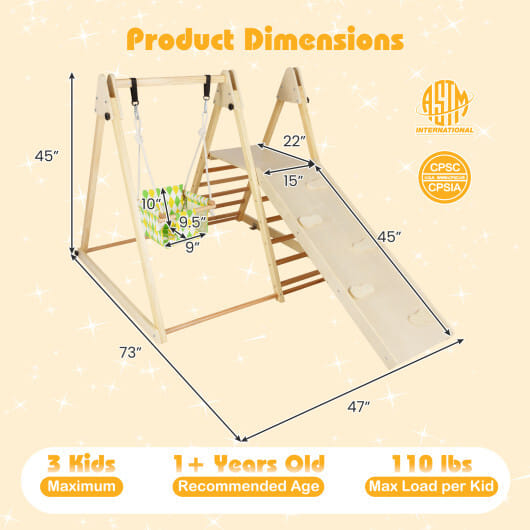 4-in-1 Indoor Jungle Gym with Baby Swing and Climbing Ramp-Natural - Color: Natural