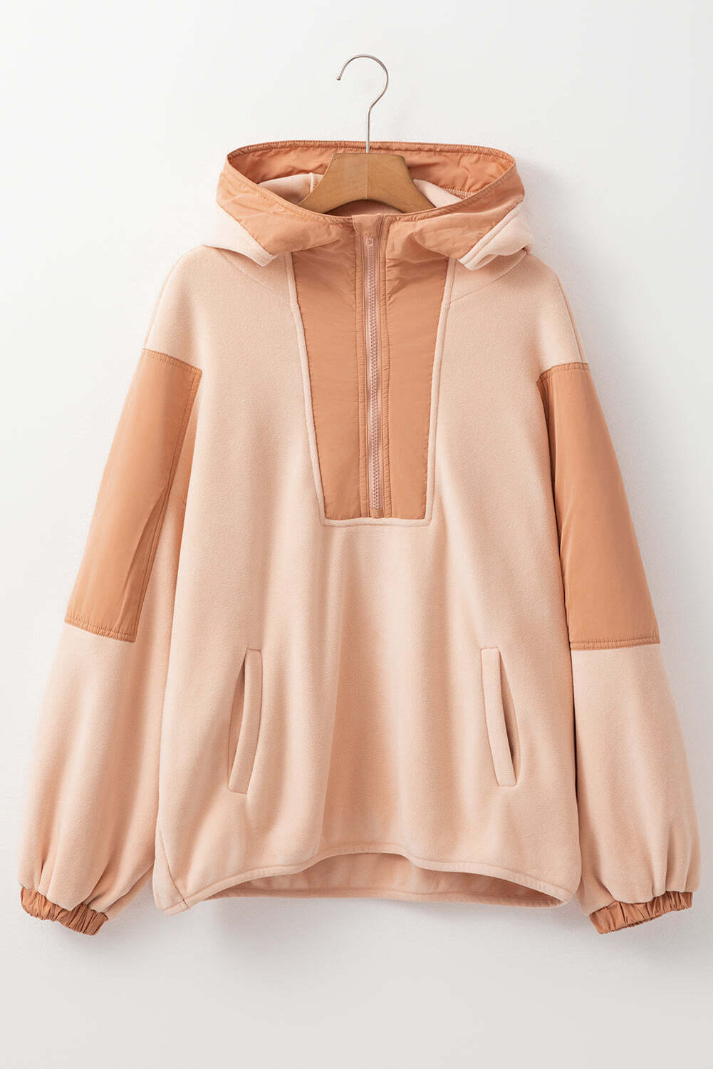 Light French Beige Colorblock Patchwork Half Zip Oversized Sherpa Hoodie
