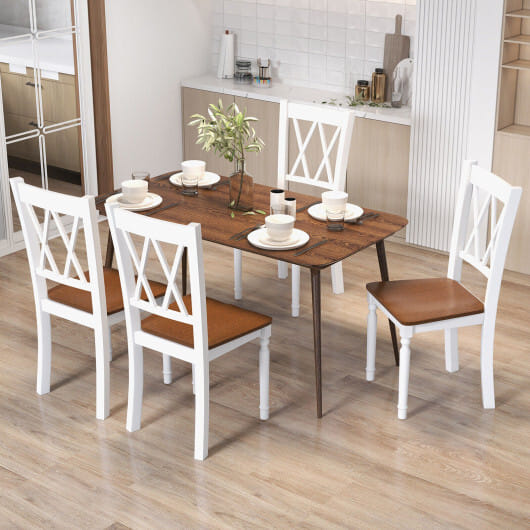 Set of 4 Wooden Farmhouse Kitchen Chairs with Rubber Wood Seat - Color: Walnut & Gray
